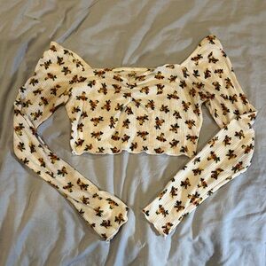AE Studio Floral White Long Sleeve Crop Top